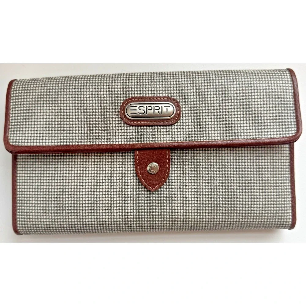 Espirit Wallet Green/White Plaid Brown Vegan Leather 11 Card Slots Organizer